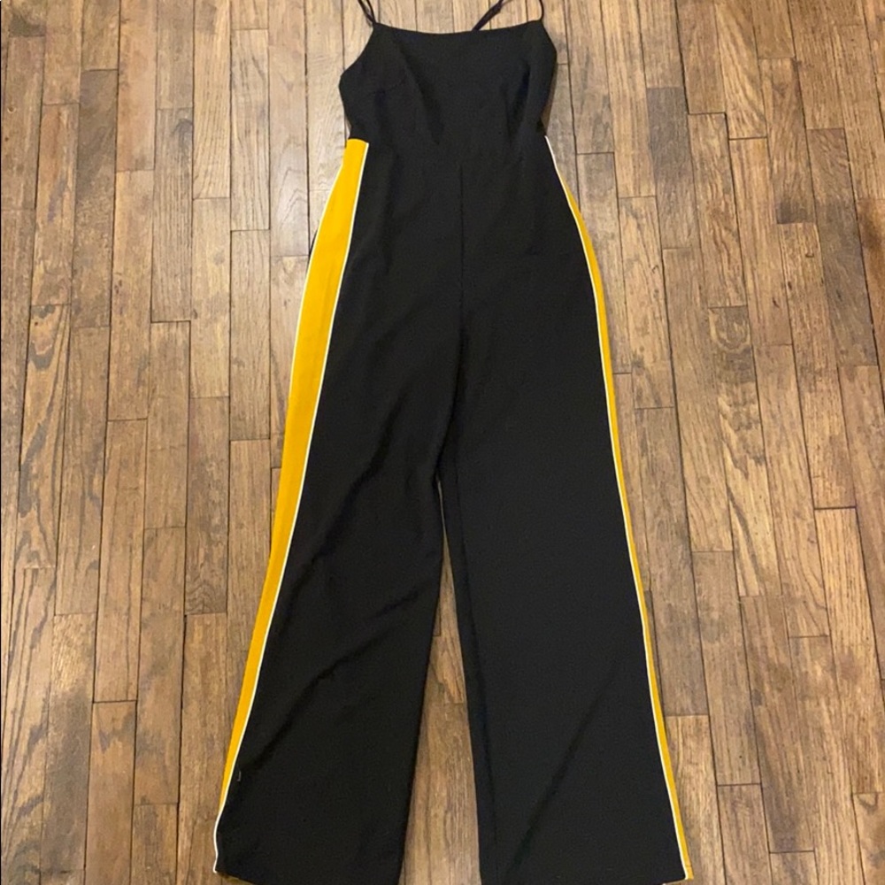 Lush strappy mustard stripe jumpsuit